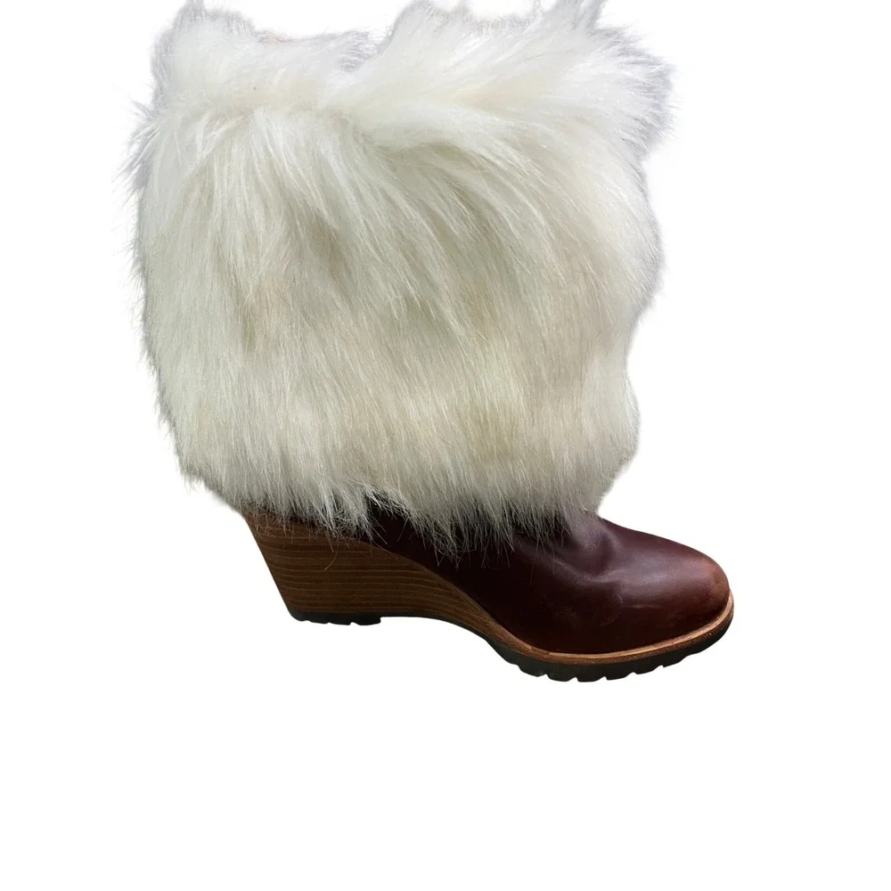 Sorel Faux Fur Trim Brown Leather Wedge Winter Boots Lug Mid Calf Womens‎ 6.5